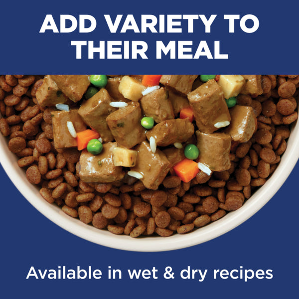 Dog food with added vegetables in a bowl on a blue background with text about variety in meals.