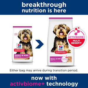 Two packages of Hill's Science Diet Small & Mini Adult dog food with a dog on the label, set against a blue background.