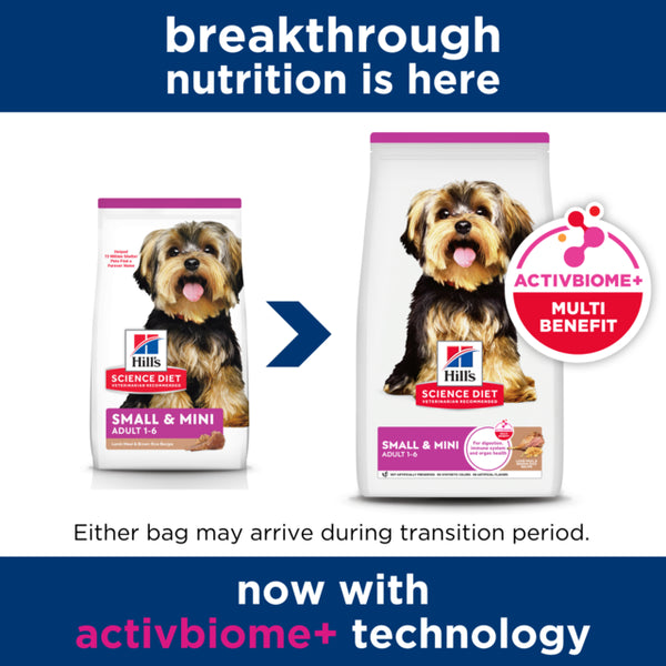 Two packages of Hill's Science Diet Small & Mini Adult dog food with a dog on the label, set against a blue background.