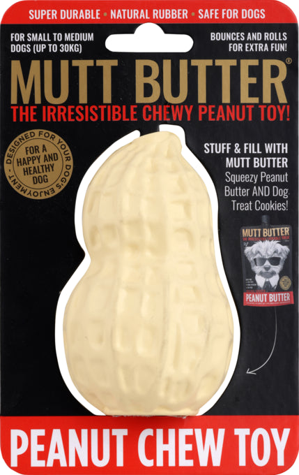 Mutt Butter peanut-shaped chew toy packaging with text on a black background