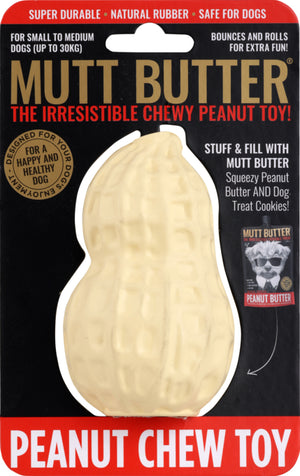 Mutt Butter peanut-shaped chew toy packaging with text on a black background