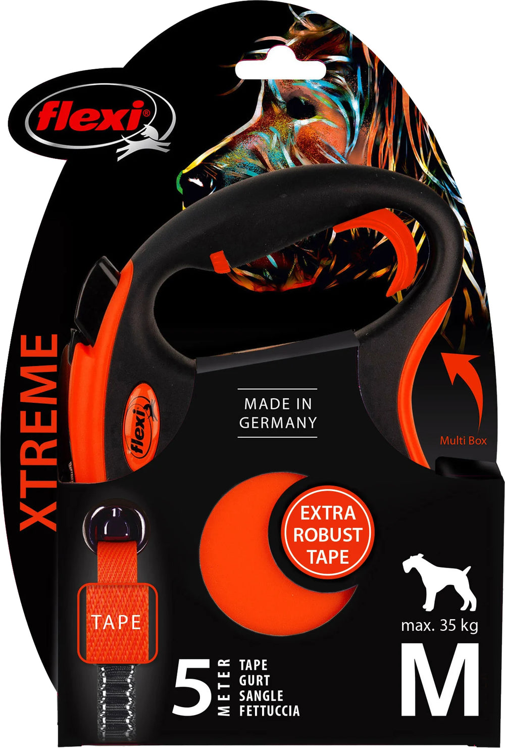 Orange and black retractable dog leash with handle on a white background