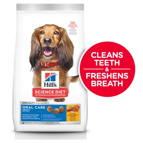 Hills Science Diet Oral Care dog food package with a dachshund on a white background