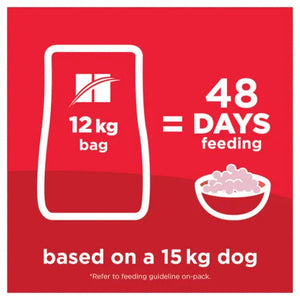 Dog food packaging illustration with feeding duration on a red background