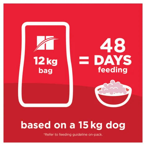 Dog food packaging illustration with feeding duration on a red background