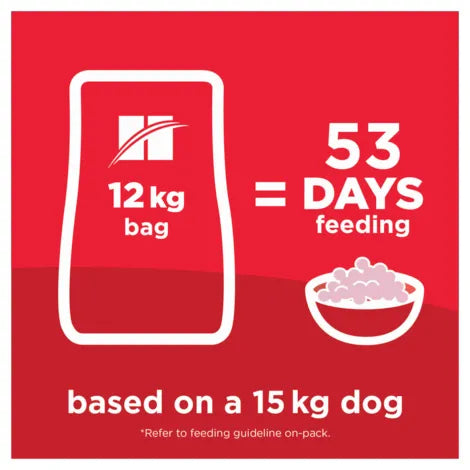 Dog food packaging illustration with feeding duration calculation on a red background