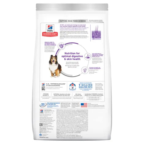 Dog food package with Hills Science Diet branding on a white background