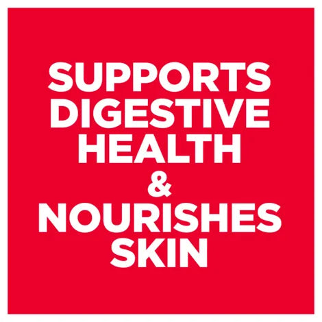Red background with white text stating 'Supports digestive health & nourishes skin'.