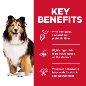 Dog with key benefits text on a red background