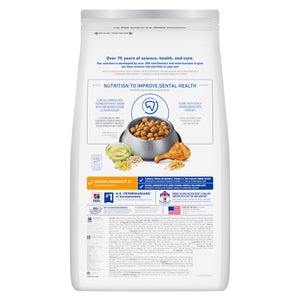 Dog food package with nutritional information and ingredients on a white background