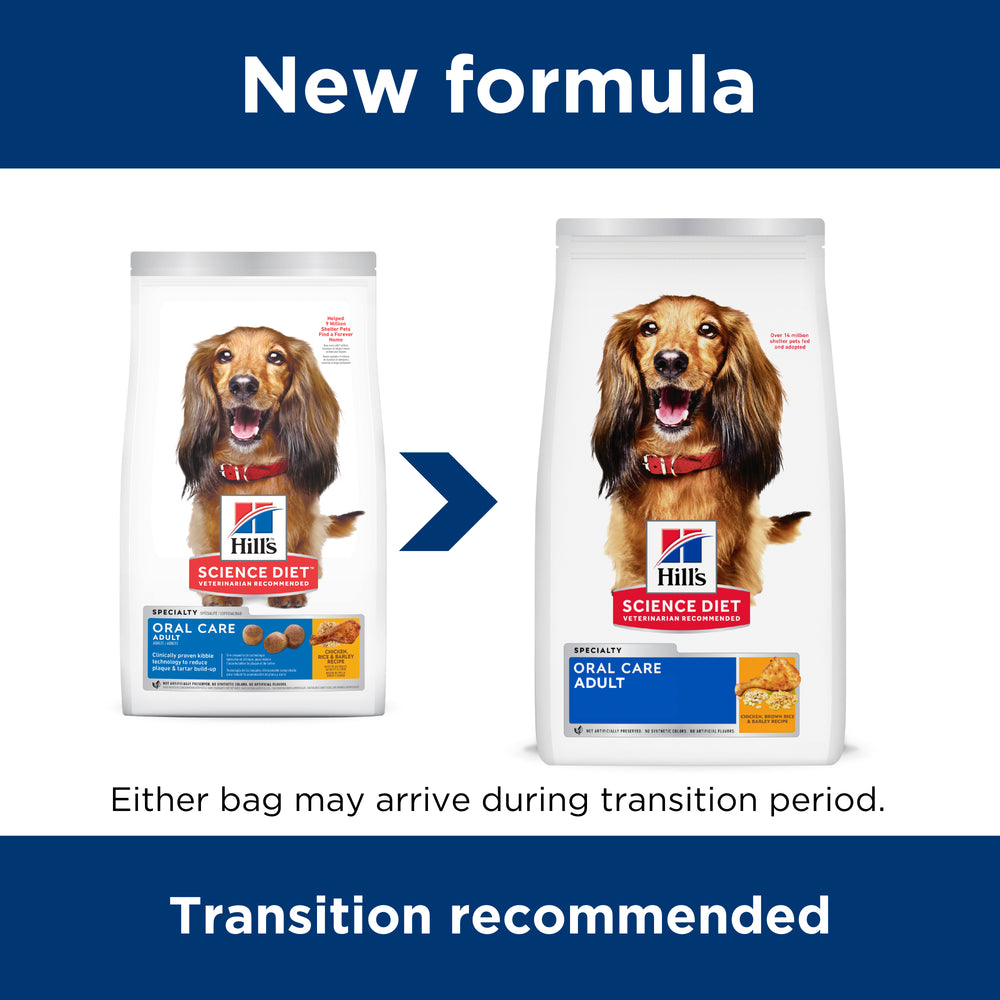 Hills Science Diet Oral Care dog food package with a dachshund on a white background