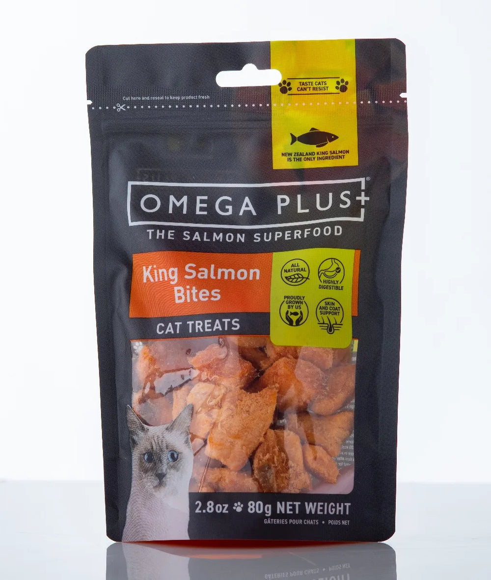 Omega Plus King Salmon Bites cat treats packaging on a white background