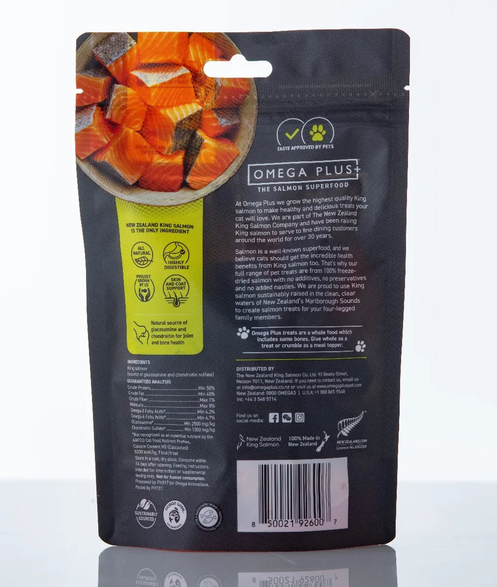 Omega Plus King Salmon Bites cat treats packaging on a white background