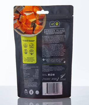 Back view of a pet food packaging with text and images on a white background