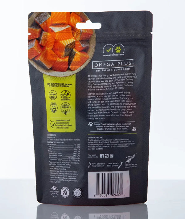 Back view of a pet food packaging with text and images on a white background
