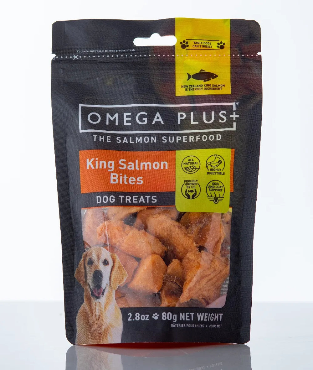 Packaging of Omega Plus King Salmon Bites dog treats on a white background