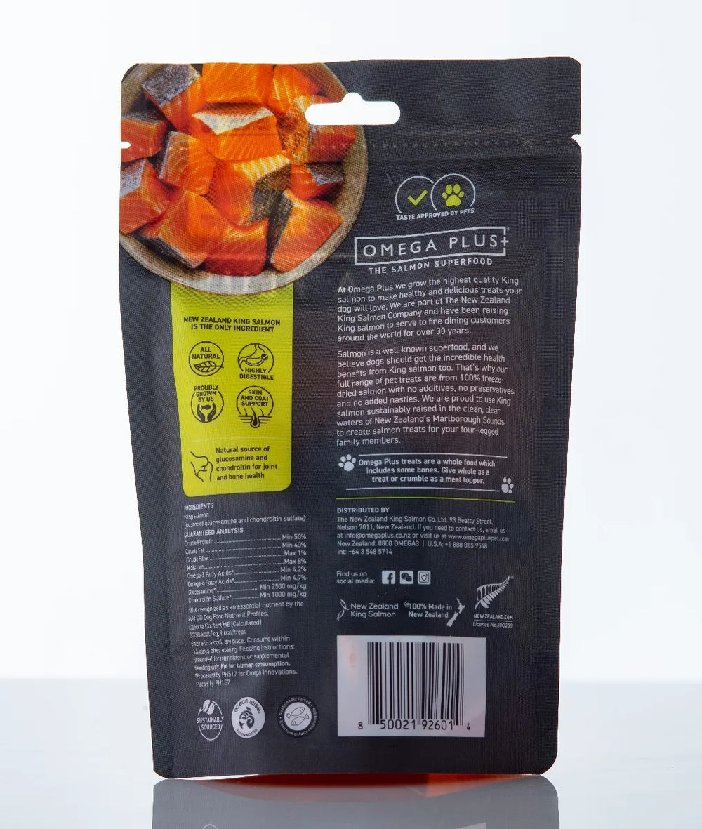 Packaging of Omega Plus King Salmon Bites dog treats on a white background
