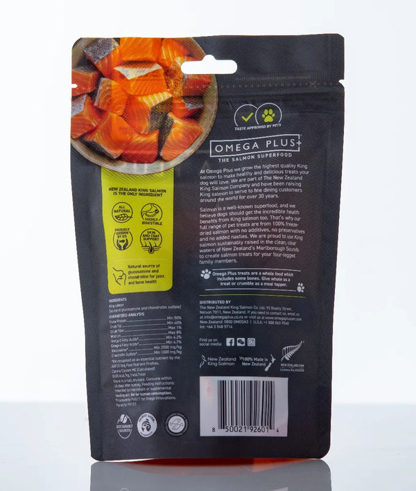Back view of a pet food packaging with text and images on a white background
