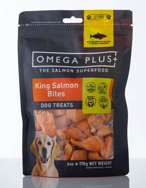 Bag of Omega Plus King Salmon Bites dog treats on a white background