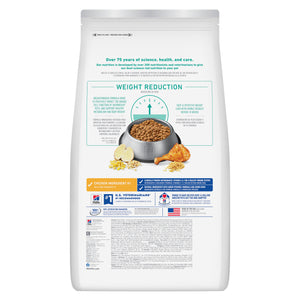 Bag of pet food with weight reduction label on a white background