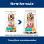 Two packages of Hills Science Diet dog food with a blue banner and text about new formula and transition recommendation.