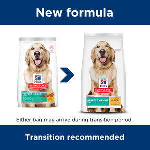 Two packages of Hills Science Diet dog food with a blue banner and text about new formula and transition recommendation.
