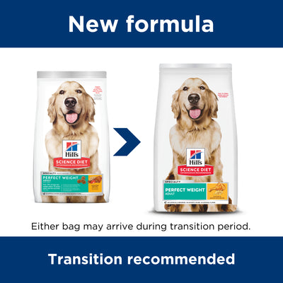 Two packages of Hills Science Diet dog food with a blue banner and text about new formula and transition recommendation.