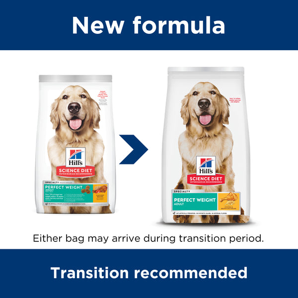 Two packages of Hills Science Diet dog food with a blue banner and text about new formula and transition recommendation.