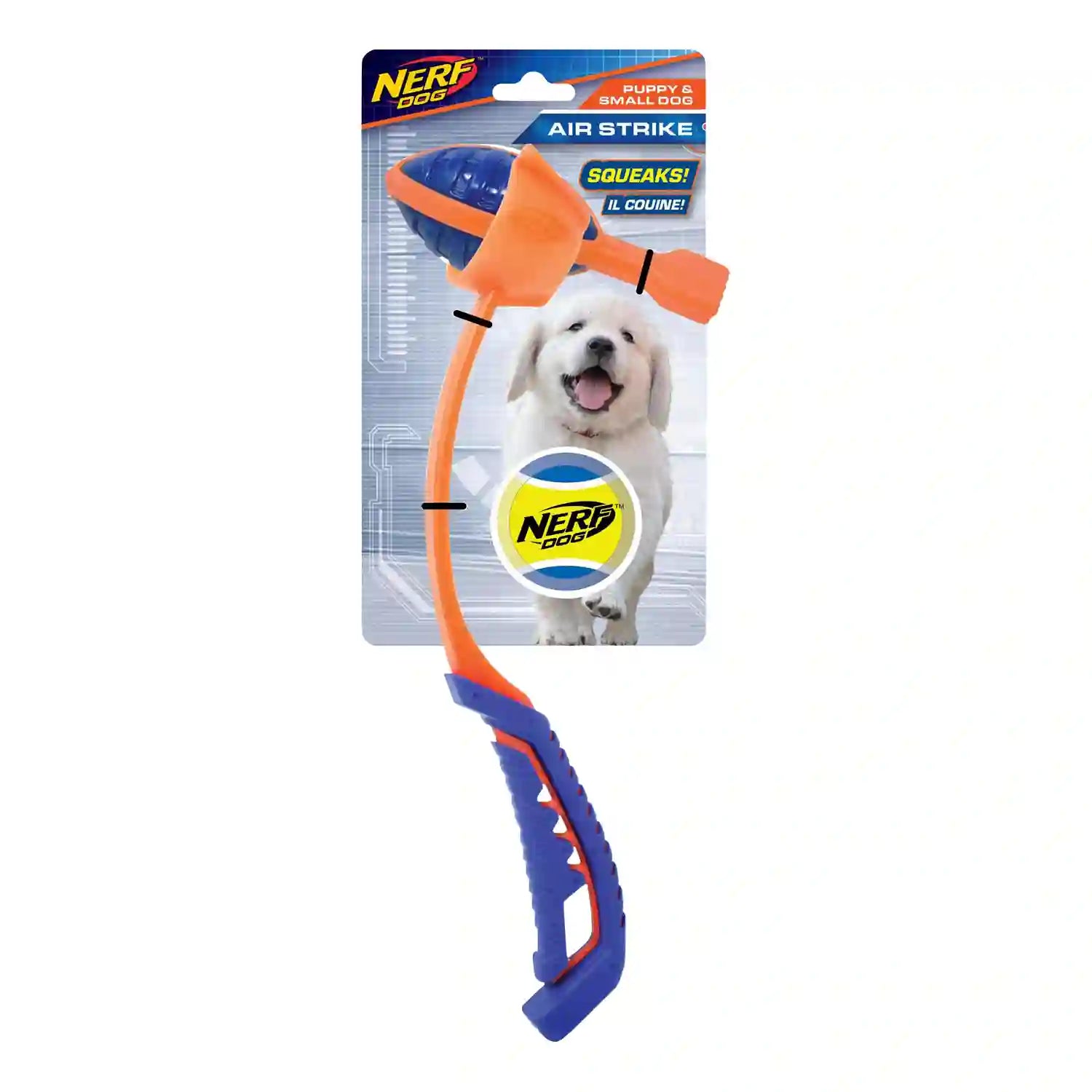 Nerf Air Strike dog toy with packaging on a white background