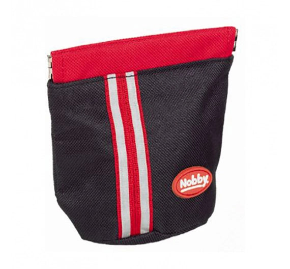 Black and red pouch with a visible brand logo on a white background