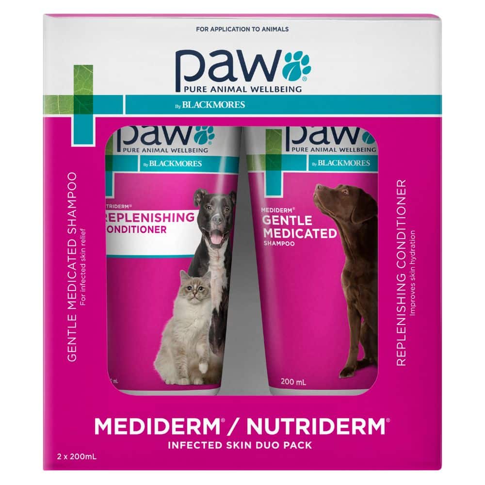 Paw by Blackmores Mediderm/Nutriderm shampoo and conditioner set packaging on a white background