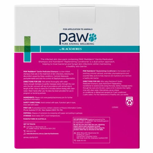 Paw by Blackmores Mediderm/Nutriderm shampoo and conditioner set packaging on a white background