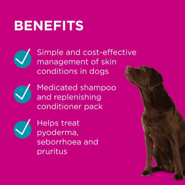 Dog sitting on a pink background with text listing benefits of a pet care product.