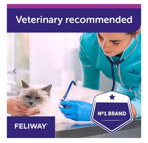 Promotional graphic for FELIWAY cat care with a veterinarian in teal scrubs examining a white and brown cat on a table. The image includes a purple banner reading 'Veterinary recommended' and a badge that says 'N°1 BRAND' and 'FELIWAY'.