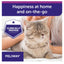 Feliway advertisement featuring a closed-eye gray tabby cat resting on a white surface with a person in the background. The graphic includes a purple banner reading 'Happiness at home and on-the-go,' a 'Clinically Proven' badge, and the Feliway brand name.