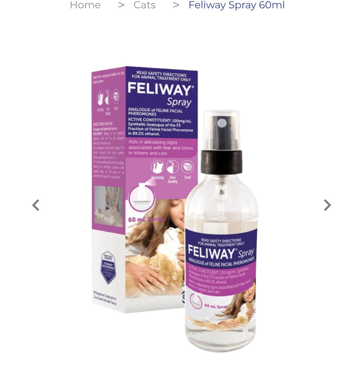 Feliway Spray 60ml bottle and its retail box, featuring a purple and white design with an image of a cat on the packaging.