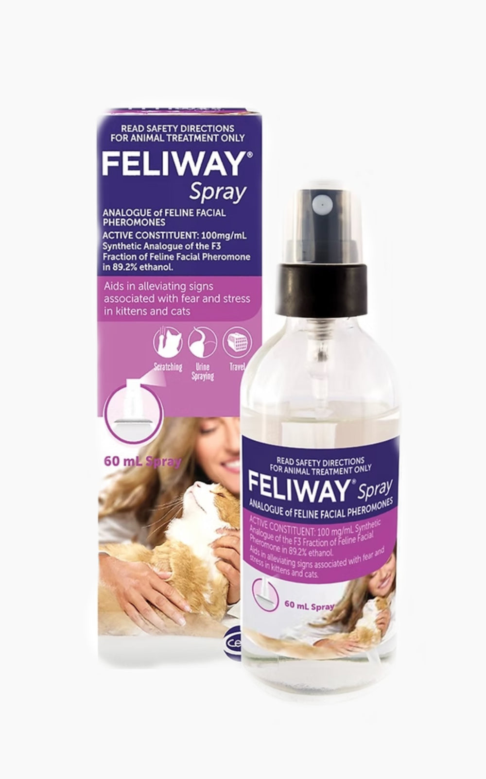 Feliway Spray 60ml bottle with its purple and white retail packaging box, displayed on a clean white background.