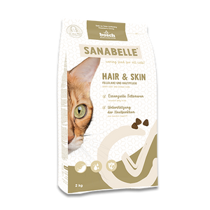 Bag of Sanabelle Hair & Skin cat food with a cat's face on the packaging.