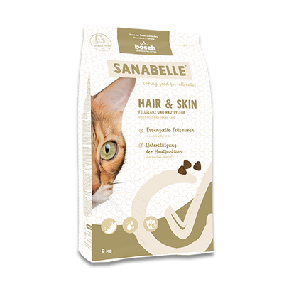 Bag of Sanabelle Hair & Skin cat food with a cat's face on the packaging.