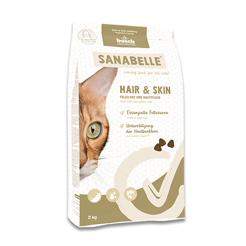 Bag of Sanabelle Hair & Skin cat food with a cat's face on the packaging.