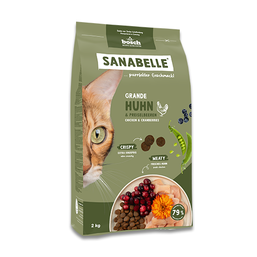 Sanabelle cat food package with a cat's face on the front, featuring chicken and cranberries.