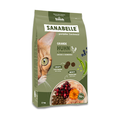 Sanabelle cat food package with a cat's face on the front, featuring chicken and cranberries.