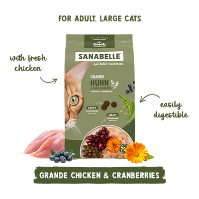 Sanabelle Grande Chicken & Cranberries cat food package on a white background