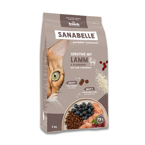Sanabelle cat food package for adult cats with lamb and blueberries on a white background