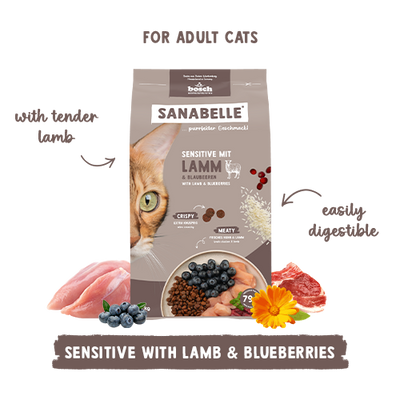 Sanabelle cat food package for adult cats with lamb and blueberries on a white background