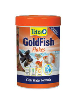 A container of Tetra GoldFish Flakes clear water fish food, featuring an orange lid and a label with goldfish illustrations on a white background.