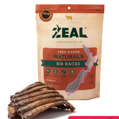 ZEAL free range natural rib racks packaging with a rib rack in front on a white background