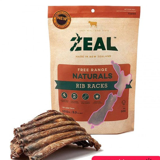ZEAL free range natural rib racks packaging with a rib rack in front on a white background